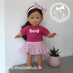 T-shirt, jupe à volant et noeud pour poupée 36 cm, rose