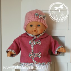 Manteau vieux rose pour poupon 36 cm, avec bonnet rose