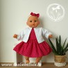 Robe rose fuchsia à pois blanc et gilet blanc pour poupon 30 cm