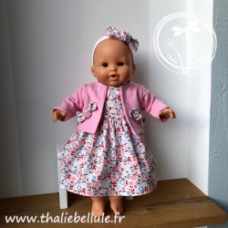 Robe à fleurs rose et bleu pour poupon 36 cm, avec gilet rose et bandeau coordonné