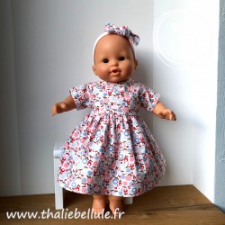 Robe à fleurs rose et bleu pour poupon 36 cm, bandeau coordonné