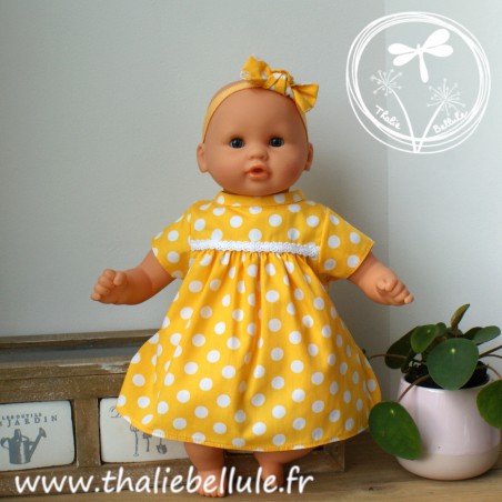 Robe jaune à pois blancs et bloomer coordonné pour poupon 30 cm