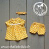 Robe jaune à pois blancs et bloomer coordonné pour poupon 30 cm.