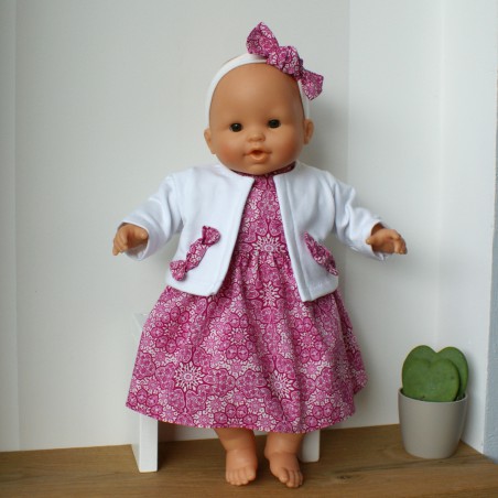 Robe à motifs rose violet pour poupon 36 cm, avec gilet blanc et bandeau coordonné