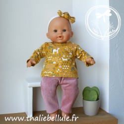 T-shirt jaune  moutarde à motifs licorne, chien et fleurs, pantalon en velours rose pour poupon 36 cm