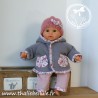 Manteau gris orné de biais à petites fleurs roses pour poupon 30 cm, avec bonnet, t-shirt et pantalon assortis, manteau fermé