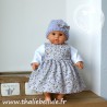 Manteau gris orné de biais à petites fleurs mauves pour poupon 30 cm, avec bonnet, t-shirt et robe assortis, sans le manteau