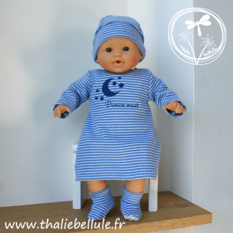 chemise de nuit bleu rayée brodée "douce nuit", avec ses chaussons et son bonnet assortis