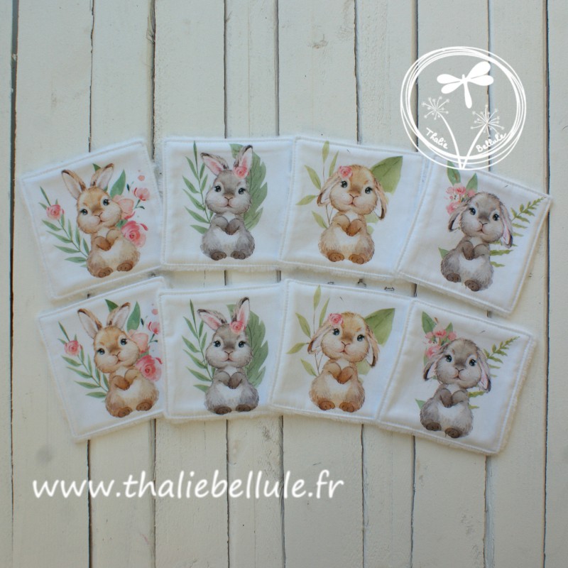 8 lingettes avec imprimés animaux lapines avec fleurs