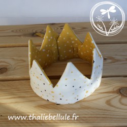 Couronne en tissu à étoiles, blanc, jaune moutarde, gris, entièrement doublée en tissu jaune moutarde à étoiles