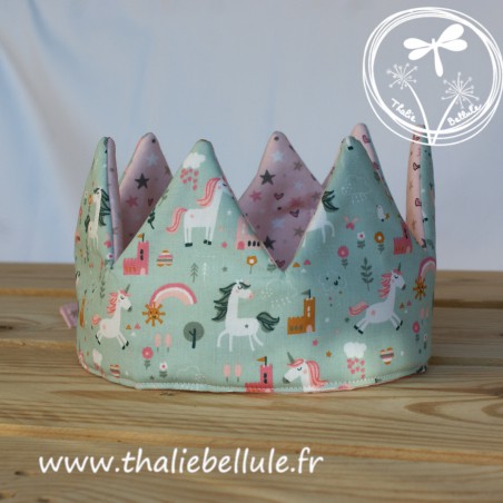 Couronne en tissu à motifs licornes, vert et rose