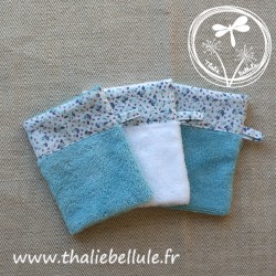 lots de 3 gants enfants blanc et vert menthe, bordé de tissu à fleurs vert menthe