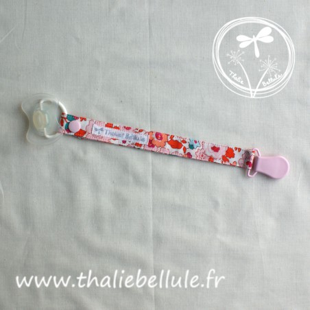 Attache tétine à fleurs en tissu coton type liberty, avec une pince plastique rose