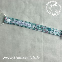 Attache tétine à fleurs vert menthe et rose motifs style liberty en tissu coton