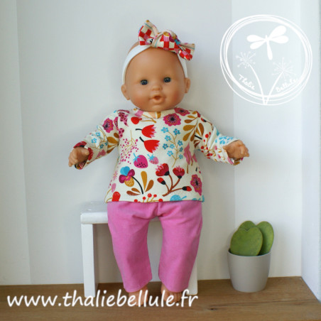 Sweats fleurs ALBSTOFFE et pantalon velours rose pour poupon 36 cm