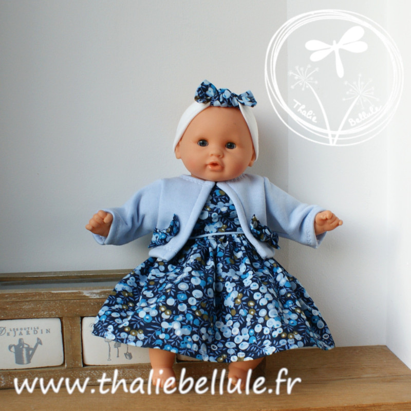 Robe popeline type liberty bleu, gilet bleu clair pour poupon 30 cm