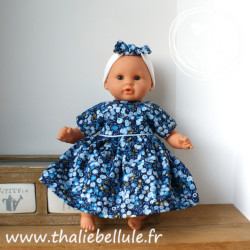 Robe popeline type liberty bleu, gilet bleu clair pour poupon 30 cm, vue sans gilet