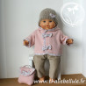 Manteau à capuche rose avec sac, pantalon velours, t-shirt blanc, bonnet laine pour poupon 36 cm