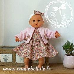 Robe popeline fleurs rose, gilet rose pour poupon 30 cm
