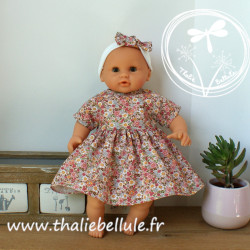 Robe popeline fleurs rose, gilet rose pour poupon 30 cm, vue sans gilet